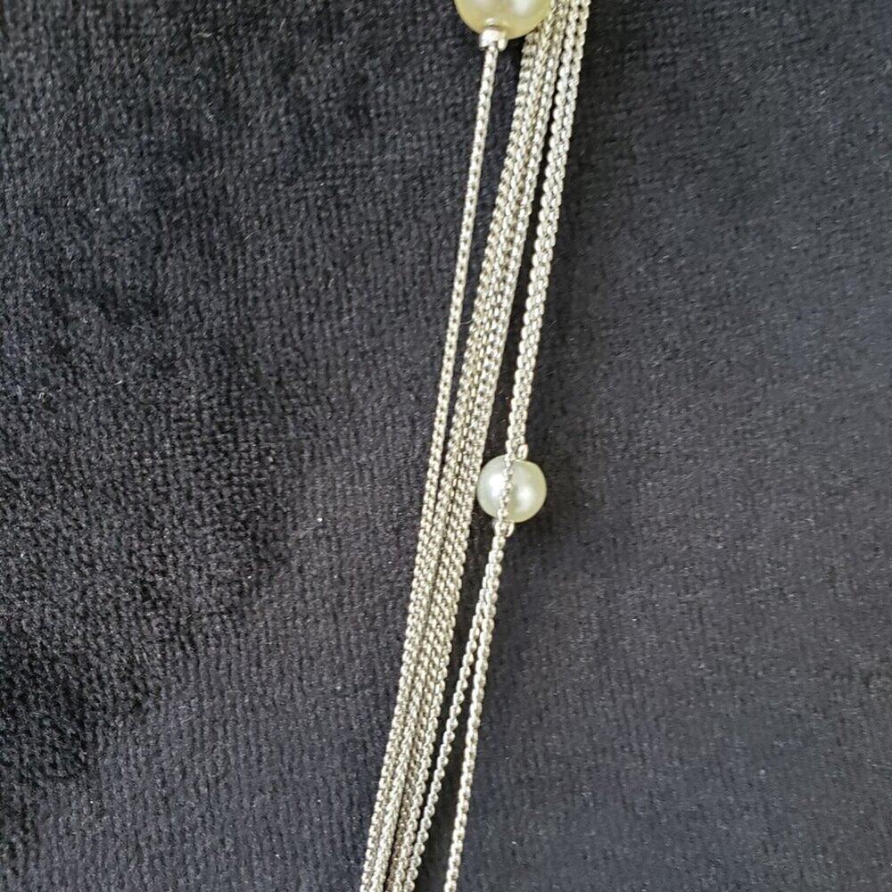 Womens Silver Tone Multi Layered Chains Dainty Faux Pearl Necklace with Lobster - Picture 4 of 7